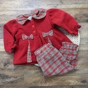 Vintage Little Lindsey Red Plaid Baby Outfit Bow Accents 12 Months Top & Pants